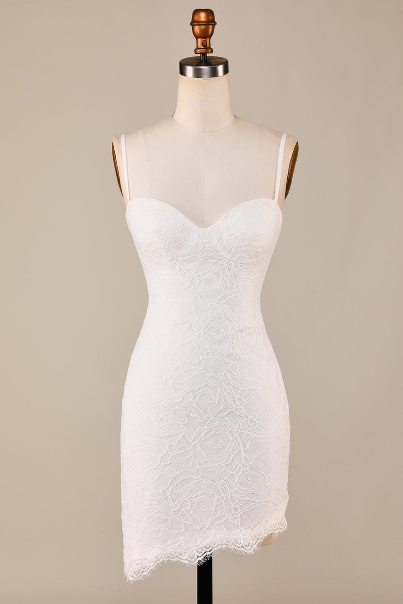 Load image into Gallery viewer, Sheath Spaghetti Straps Ivory Lace Asymmetrical Detachable Train Boho Wedding Dress