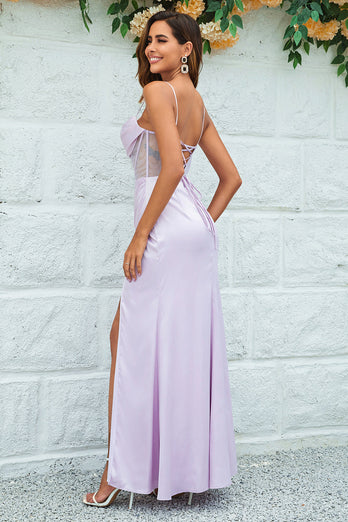 Mermaid Spaghetti Straps Lilac Corset Bridesmaid Dress with Slit