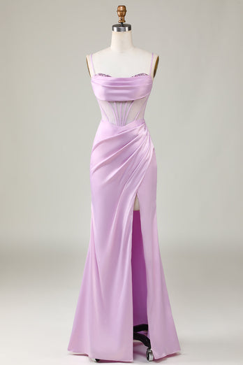 Mermaid Spaghetti Straps Lilac Long Bridesmaid Dress with Slit