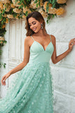 Charming A Line Spaghetti Straps Green Long Bridesmaid Dress with Appliques