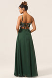 Beauty A-Line Spaghetti Straps Dark Green Long Bridesmaid Dress with 3D Flowers