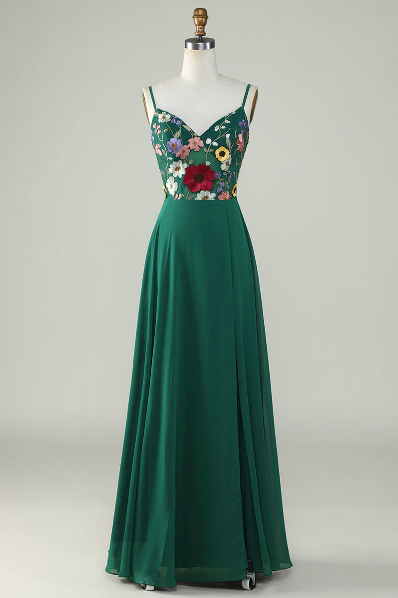 Load image into Gallery viewer, A-Line Spaghetti Straps Dark Green Long Bridesmaid Dress with 3D Flowers