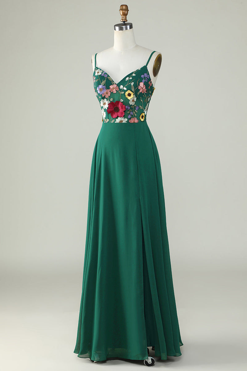 Load image into Gallery viewer, A-Line Spaghetti Straps Dark Green Long Bridesmaid Dress with 3D Flowers