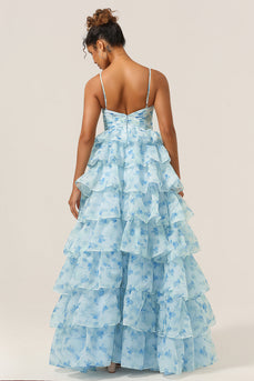 Gorgeous A Line Spaghetti Straps Cut Out Tiered Blue Bridesmaid Dress
