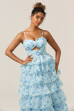 Gorgeous A Line Spaghetti Straps Cut Out Tiered Blue Bridesmaid Dress