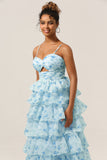 Gorgeous A Line Spaghetti Straps Cut Out Tiered Blue Bridesmaid Dress