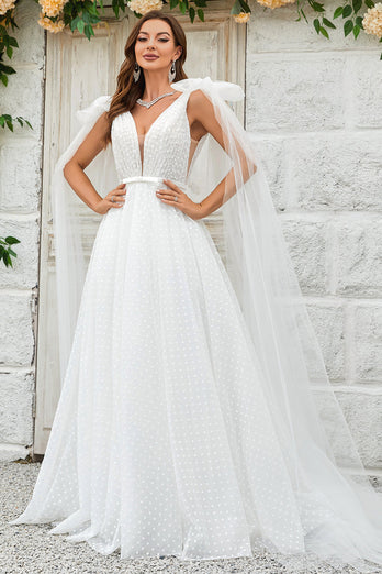 Ivory Detachable Watteau Train Tulle Wedding Dress