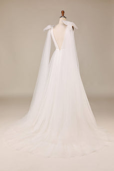 Elegant A Line V Neck Ivory Detachable Watteau Train Tulle Wedding Dress