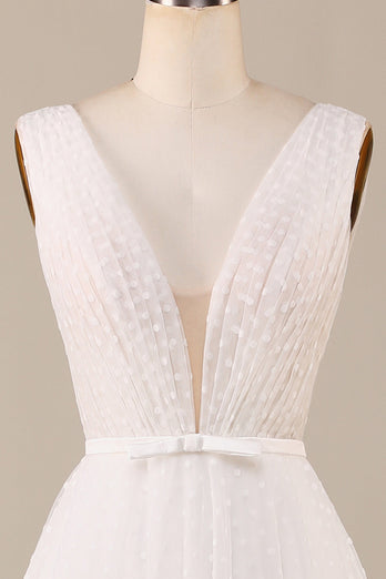 Elegant A Line V Neck Ivory Detachable Watteau Train Tulle Wedding Dress