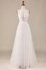 Load image into Gallery viewer, Charming A Line Halter Neck Ivory Open Back Tulle Sweep Train Wedding Dress with Lace