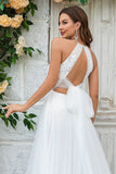 Ivory Open Back Tulle Sweep Train Wedding Dress with Lace