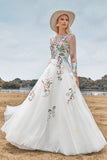 Gorgeous A Line Tulle Long Sleeves Long Ivory Wedding Dress with Embroidery