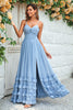 Load image into Gallery viewer, Charming A Line Spaghetti Straps Dusty Blue Long Bridesmaid Dress with Criss Cross Back