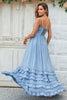 Load image into Gallery viewer, Charming A Line Spaghetti Straps Dusty Blue Long Bridesmaid Dress with Criss Cross Back