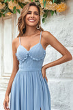 Charming A Line Spaghetti Straps Dusty Blue Long Bridesmaid Dress with Criss Cross Back