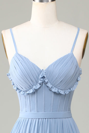 Dusty Blue Corset Spaghetti Straps Long Bridesmaid Dress With Criss Cross Back