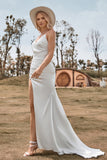 Ivory Boho Satin Simple Mermaid Wedding Dress with Slit