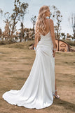 Ivory Boho Satin Simple Mermaid Wedding Dress with Slit