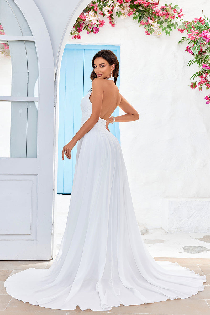Load image into Gallery viewer, Ivory A-Line Halter Sweep Train Wedding Dress with Slit