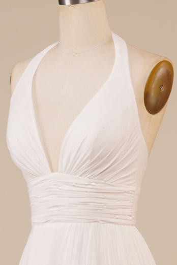 A-Line Halter Ivory Sweep Train Wedding Dress with Slit