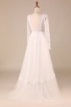 Ivory Long Sleeves Tulle A-Line Wedding Dress with Lace