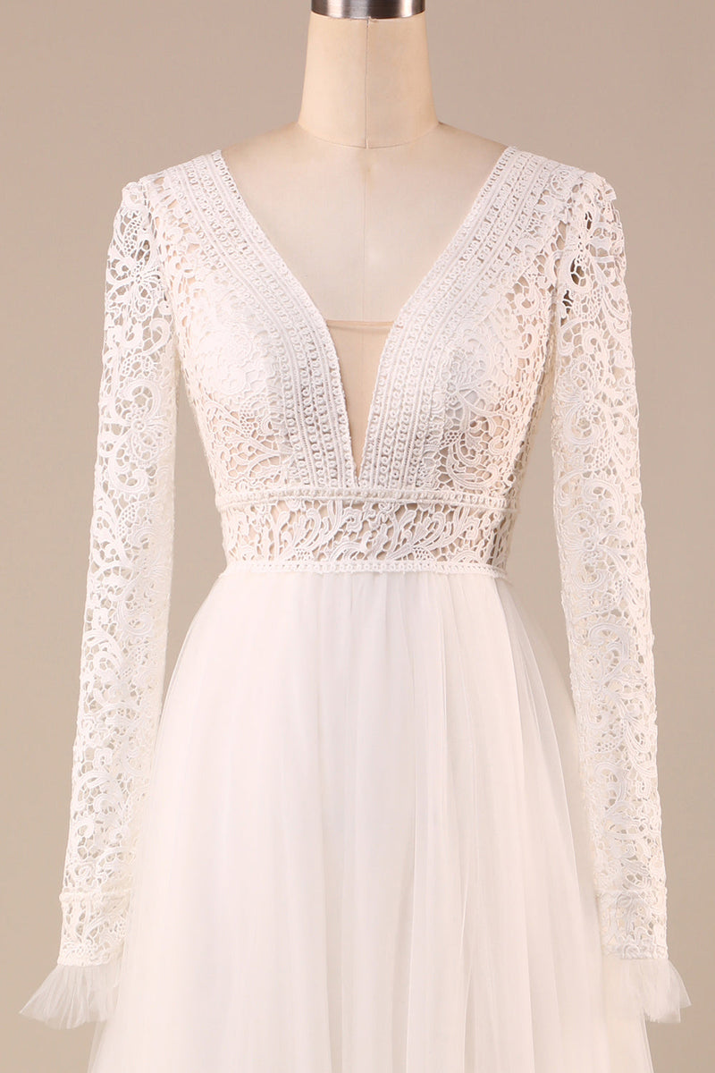 Load image into Gallery viewer, Ivory Long Sleeves Tulle A-Line Wedding Dress with Lace