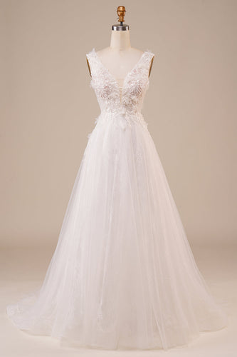 Sparkly Tulle Beaded Ivory Long Wedding Dress