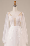 Long Sleeves Open Back Ivory Wedding Dress with Appliques