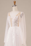 Long Sleeves Open Back Ivory Wedding Dress with Appliques