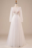 A-Line Tulle Beaded Ivory Wedding Dress with Sleeves