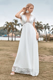 Deep V-neck Simple Boho Wedding Dress with Slit