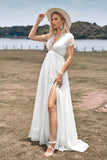 Deep V-neck Simple Boho Wedding Dress with Slit