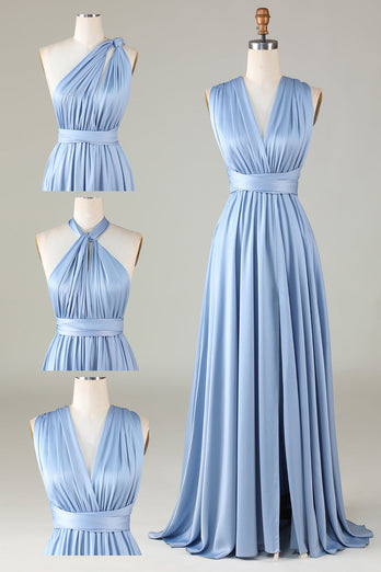 Convertible Blue Satin Bridesmaid Dress with Slit