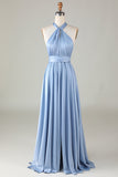 Convertible Blue Satin Bridesmaid Dress with Slit