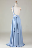 Convertible Blue Satin Bridesmaid Dress with Slit