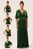 Elegant A Line V Neck Dark Green Covertible Wear Velvet Long Bridesmaid Dress