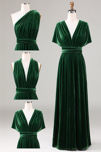 Dark Green Convertible Wear Velvet Long Bridesmaid Dress