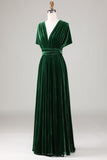 Dark Green Convertible Wear Velvet Long Bridesmaid Dress