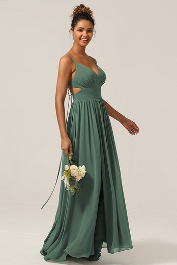 Eucalyptus Spaghetti Straps A Line Bridesmaid Dress with Slit