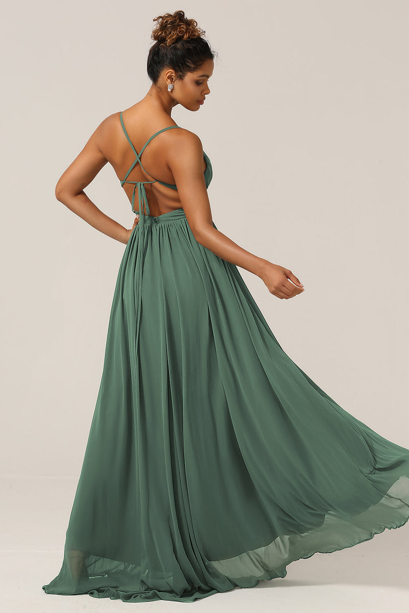 Load image into Gallery viewer, Eucalyptus Spaghetti Straps A Line Bridesmaid Dress with Slit