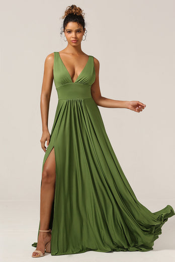 Elegant A Line Olive Deep V-neck Sleeveless Long Bridesmaid Dress