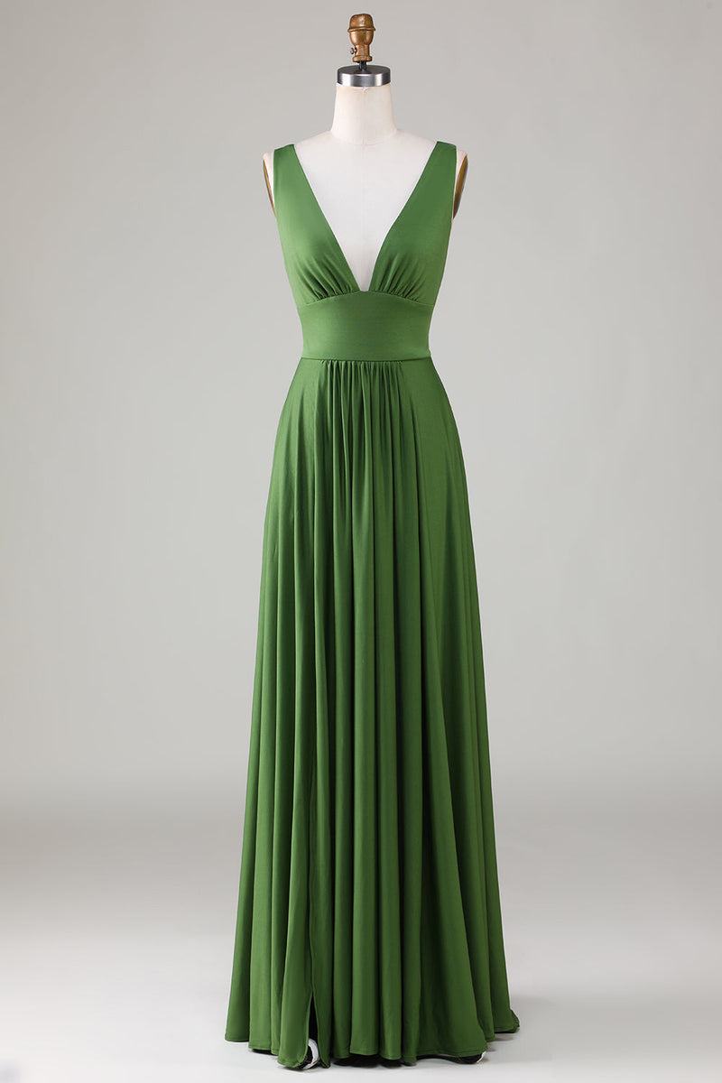 Load image into Gallery viewer, Olive Deep V-Neck Sleeveless Long Bridesmaid Dress