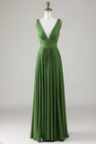 Olive Deep V-Neck Sleeveless Long Bridesmaid Dress