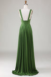 Olive Deep V-Neck Sleeveless Long Bridesmaid Dress