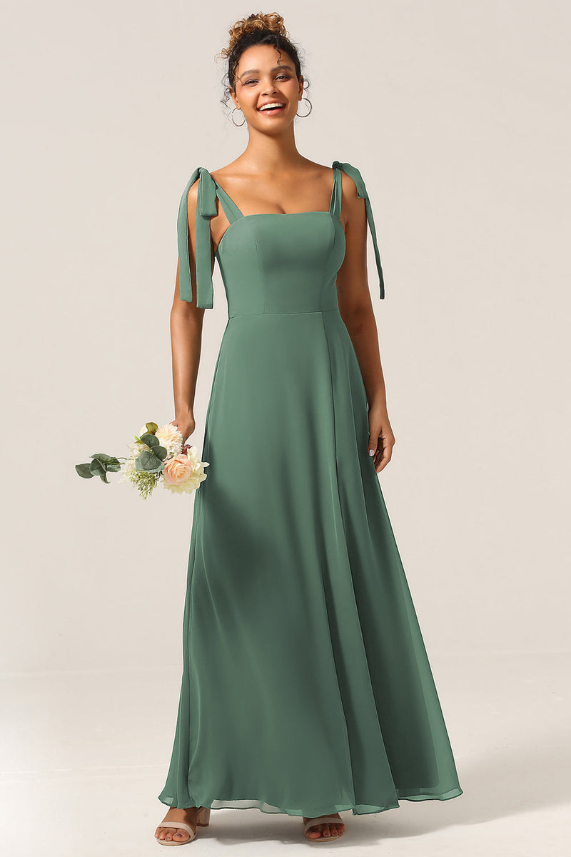 Load image into Gallery viewer, A Line Spaghetti Straps Eucalyptus Tie Straps Bridesmaid Dress With Slit