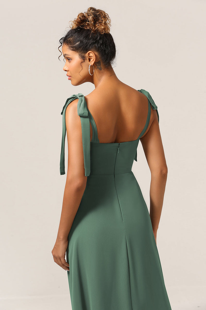 Load image into Gallery viewer, A Line Spaghetti Straps Eucalyptus Tie Straps Bridesmaid Dress With Slit