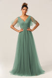 Eucalyptus V Neck Open Back A Line Bridesmaid Dress