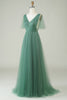 Load image into Gallery viewer, Eucalyptus V Neck Open Back A-Line Tulle Bridesmaid Dress