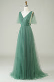 Eucalyptus V Neck Open Back A-Line Tulle Bridesmaid Dress