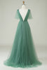 Load image into Gallery viewer, Eucalyptus V Neck Open Back A-Line Tulle Bridesmaid Dress